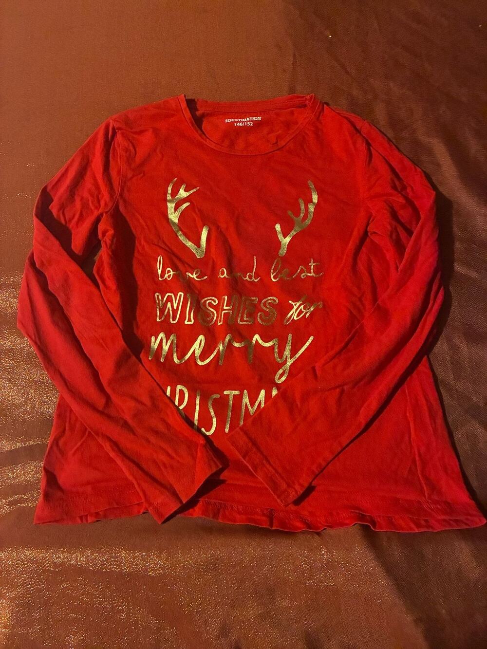 Destination Shirt Girls 146/152 Red Long Sleeve Christmas Gold Foil Graphic Tee
